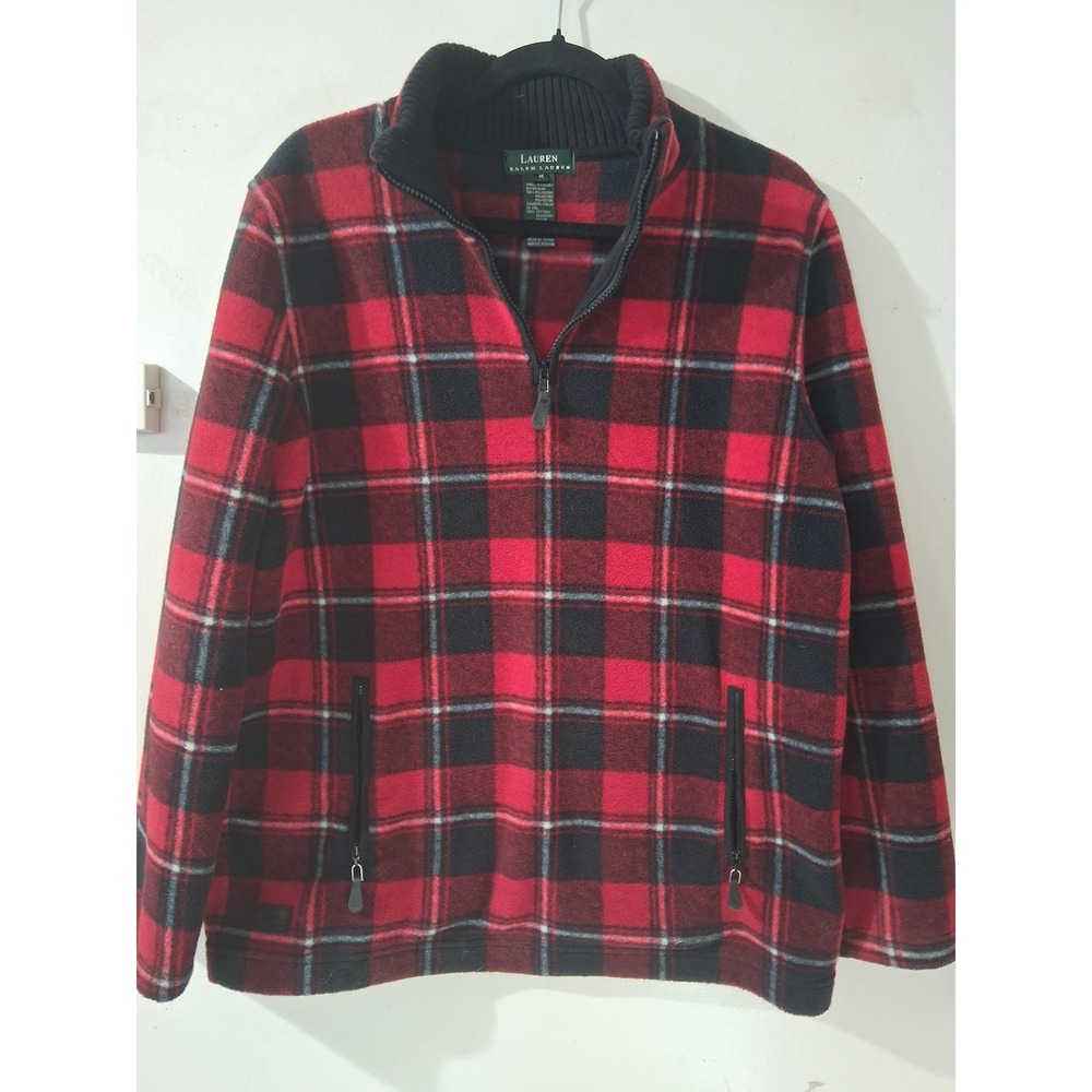 Lauren Ralph Lauren M Red Black Plaid Fleece Quarter Zip Pullover - Picture 1 of 6